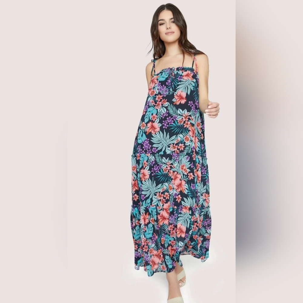 Lost + Wander Hawaiian Floral Sheer Ruffle Garden Vacation  Maxi Dress